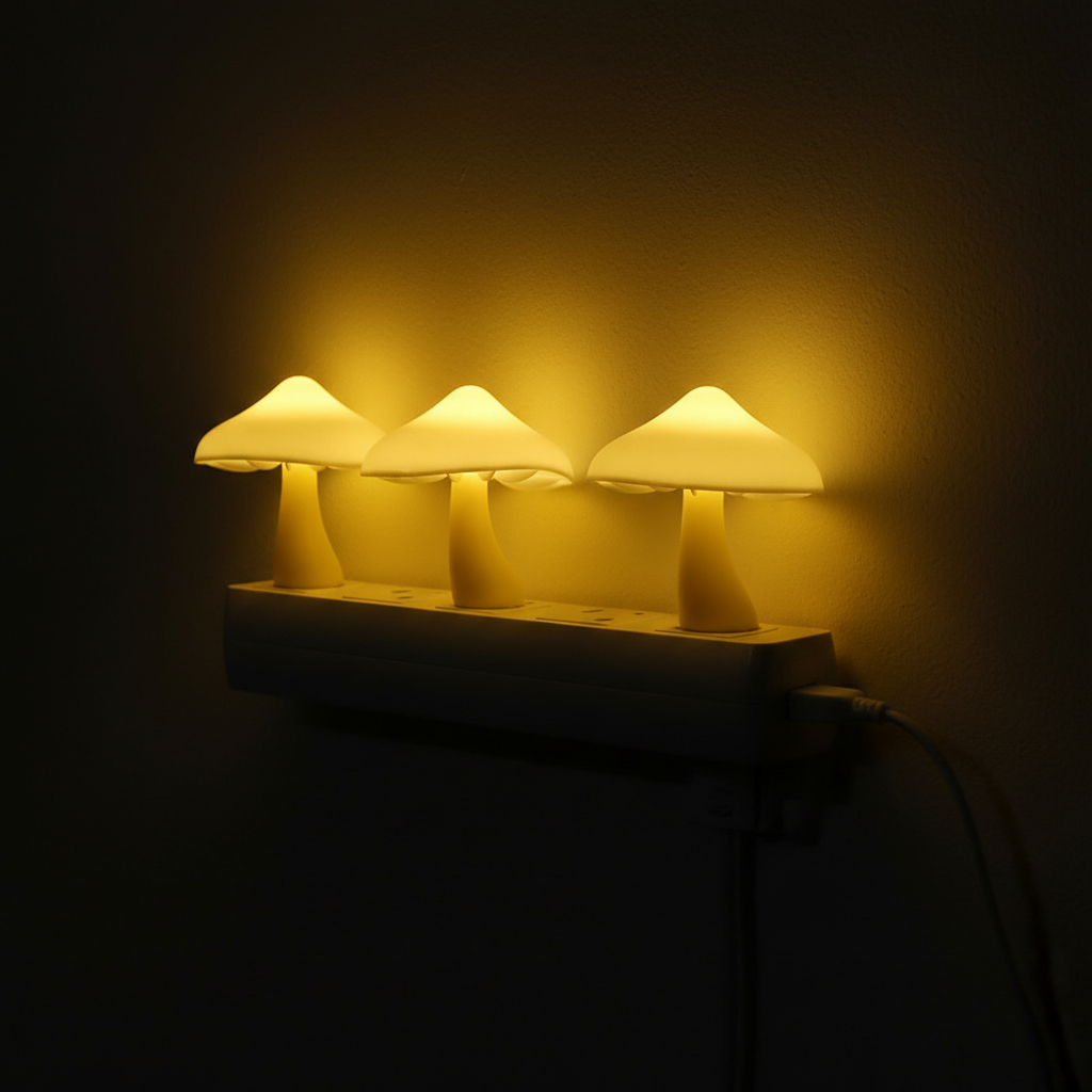 LumiShroom Mushroom-shaped night light lamps emitting a warm glow in a dark setting