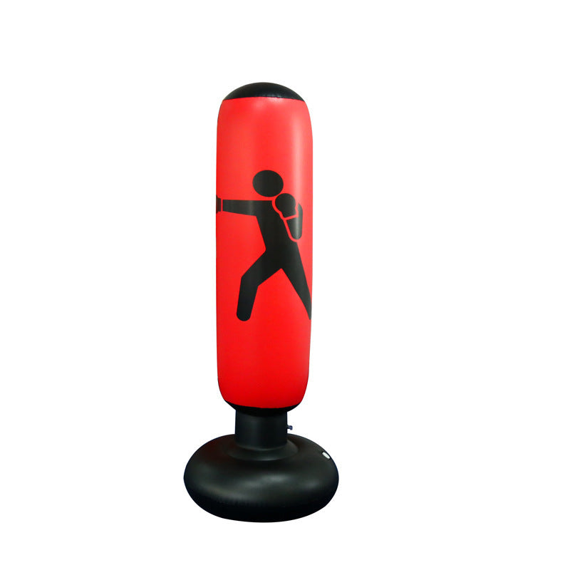 Red punching bag with black silhouette on a white background