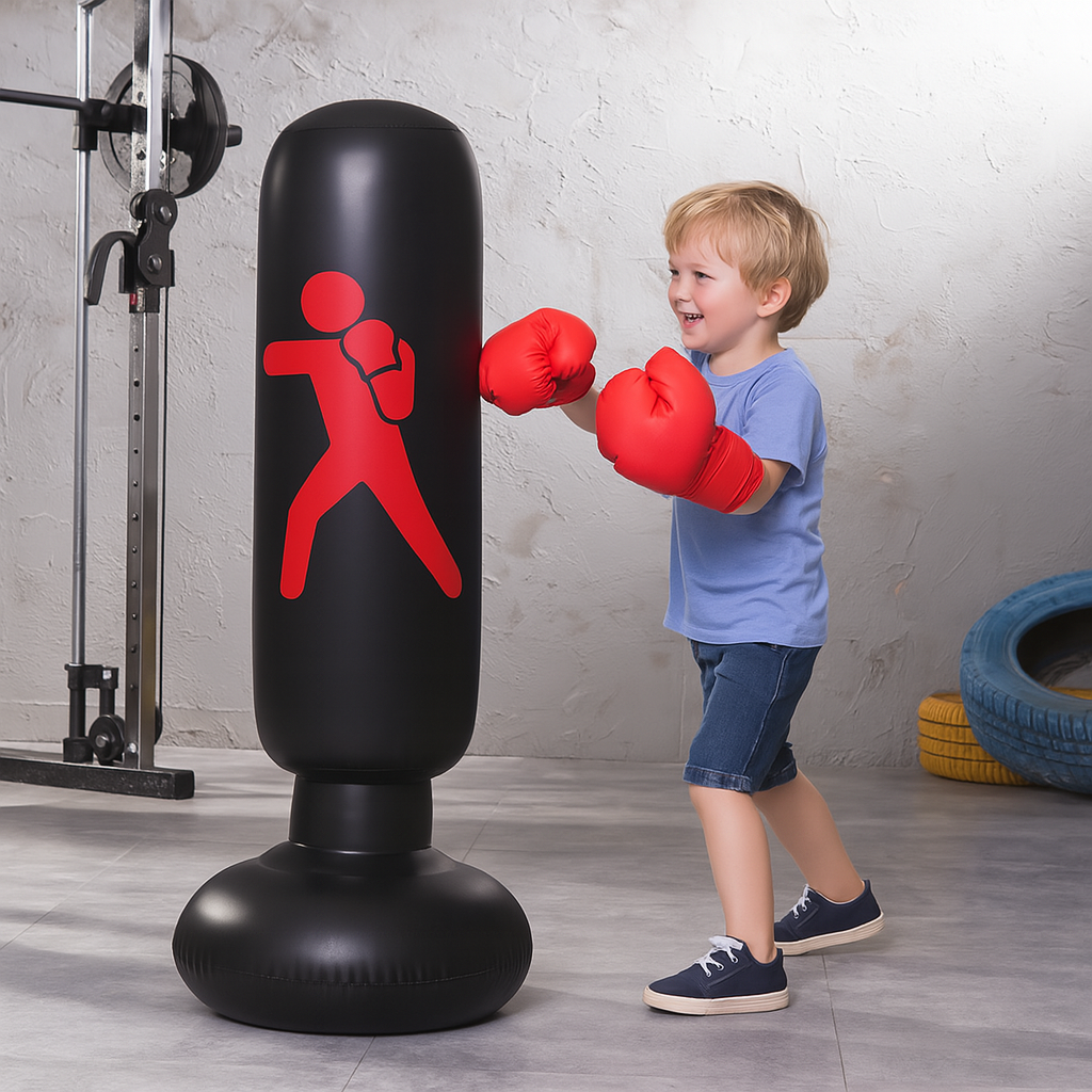 Child wearing red boxing gloves standing next to a punching bag with a red figure on it.