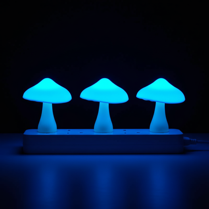 LumiShroom Mushroom-shaped night light  lamps emitting a blue glow in a dark setting