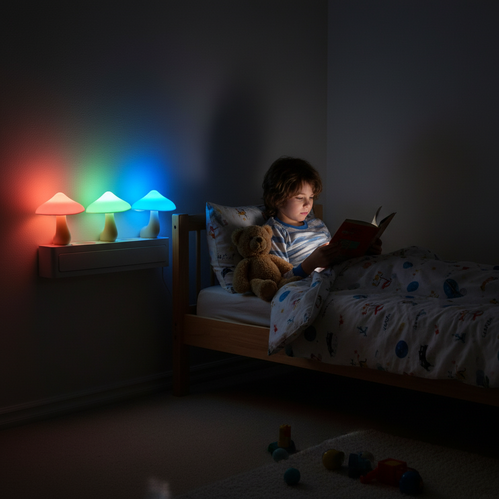 Child reading a book in bed with colorful LumiShroom mushroom night lights on the wall