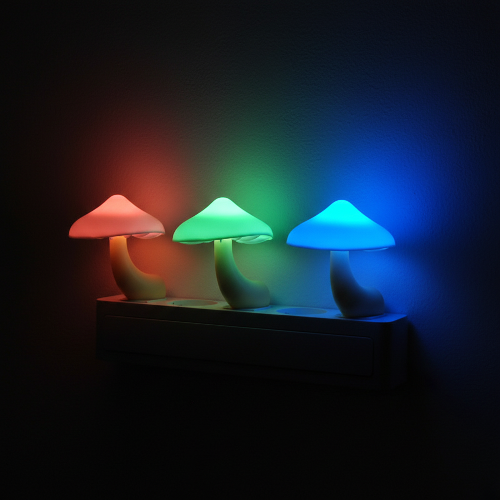 Three colorful LumiShroom mushroom-shaped night light lamps glowing red, green, and blue on a dark background.