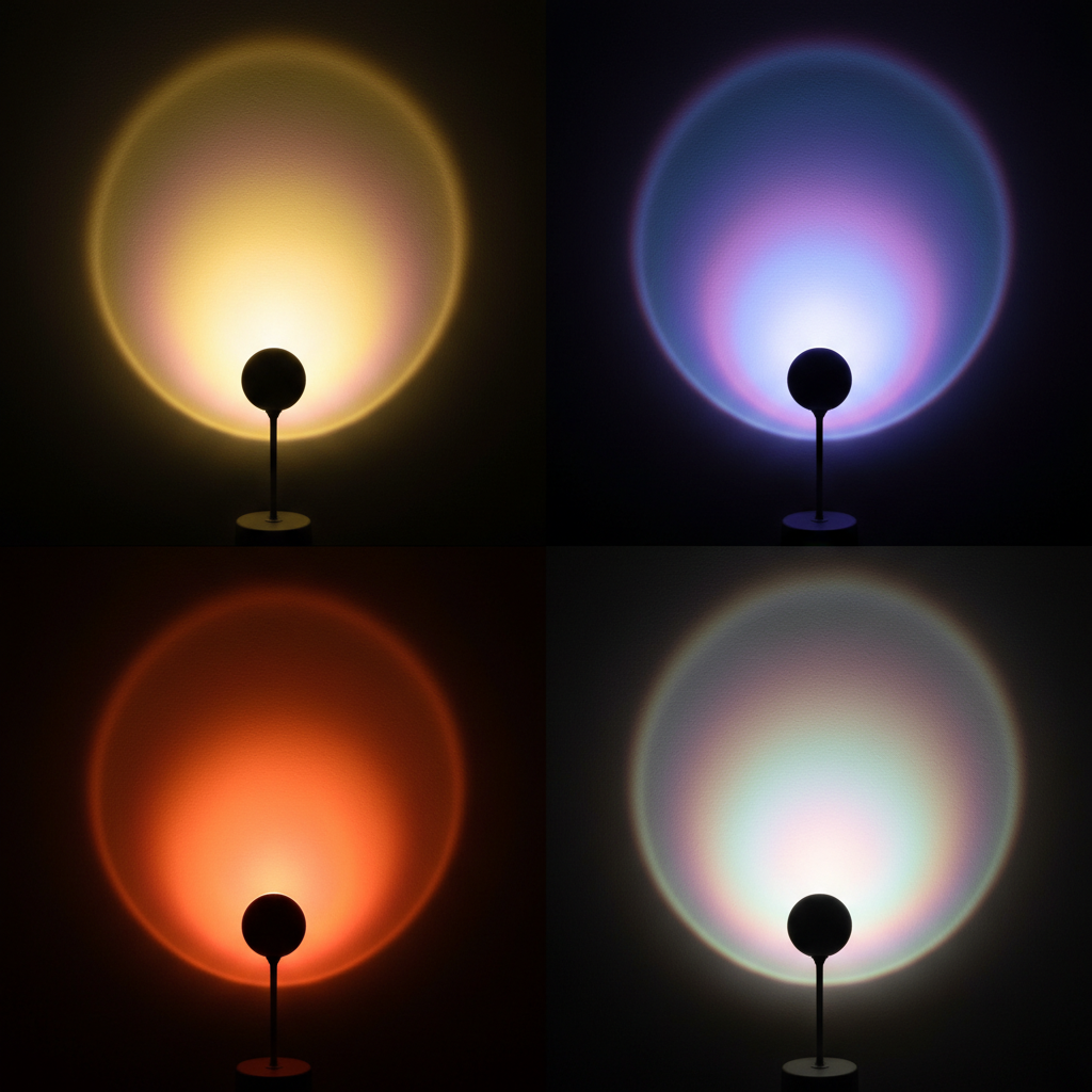 Four different colored lights of Melted Sun sunset projector lamp on stands against a dark background