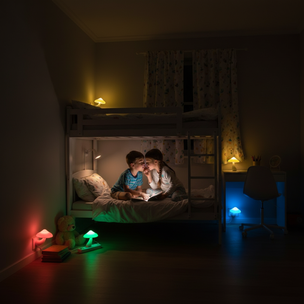 Two children reading a book in a dimly lit bedroom with bunk beds and colorful LumiShroom mushroom nightlights.