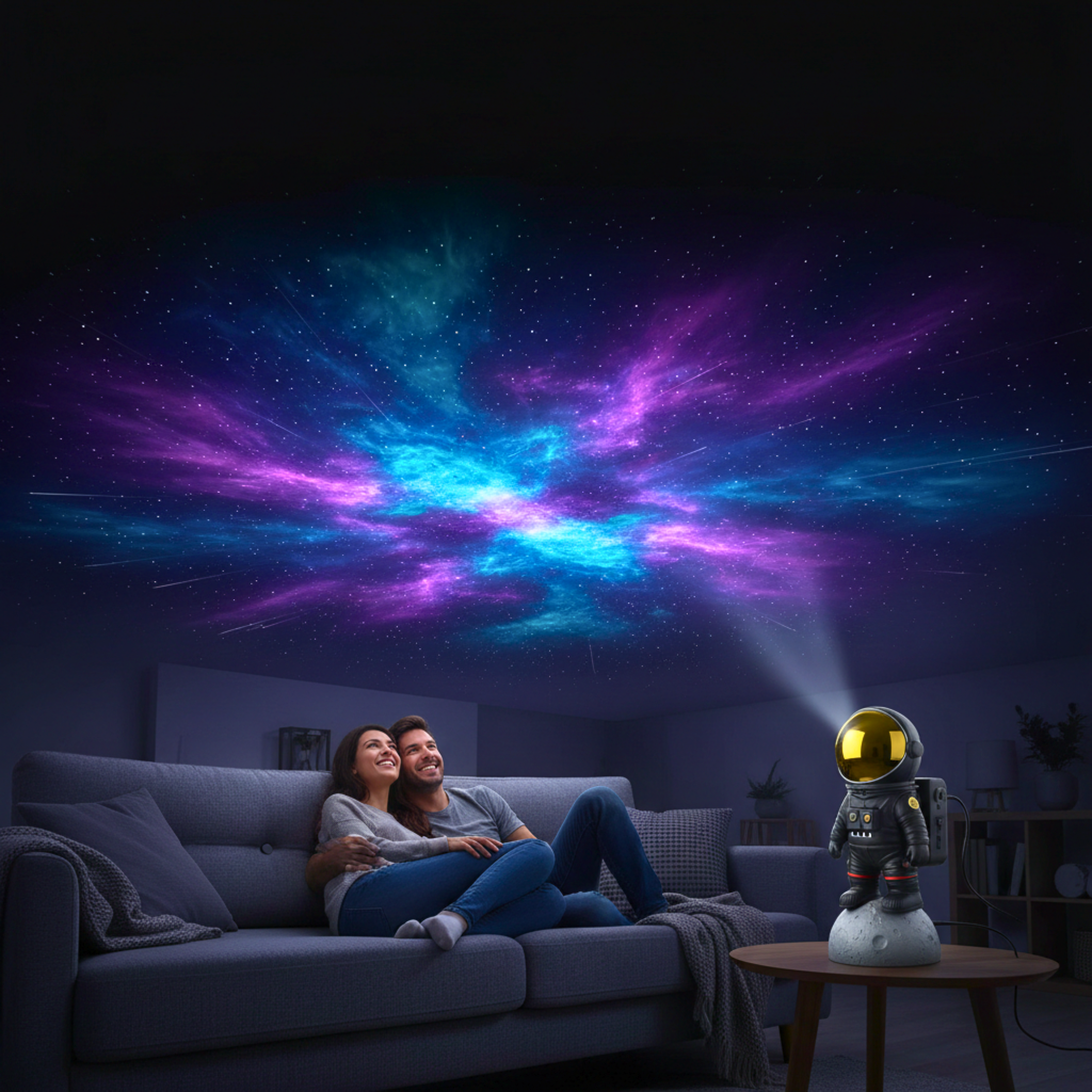 SpaceBuddy galaxy projector lighting up a living room ceiling. 