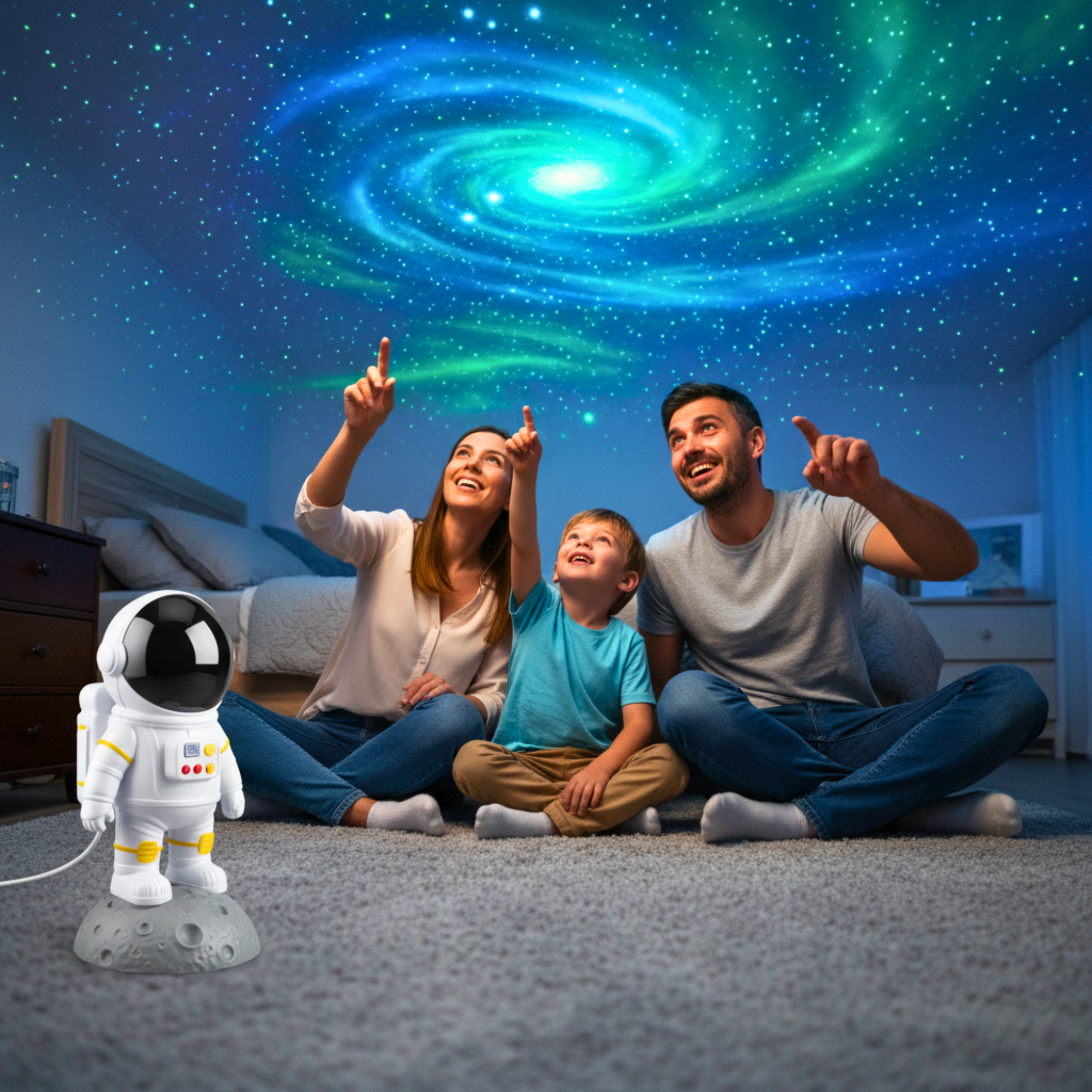 Family sitting on the floor pointing at a starry night sky projection with SpaceBuddy galaxy projector astronaut in front.