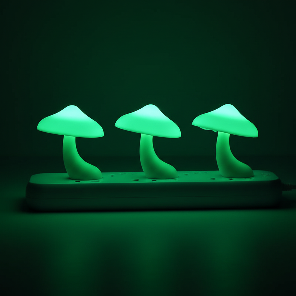 LumiShroom Mushroom-shaped night light  lamps emitting a green glow in a dark setting