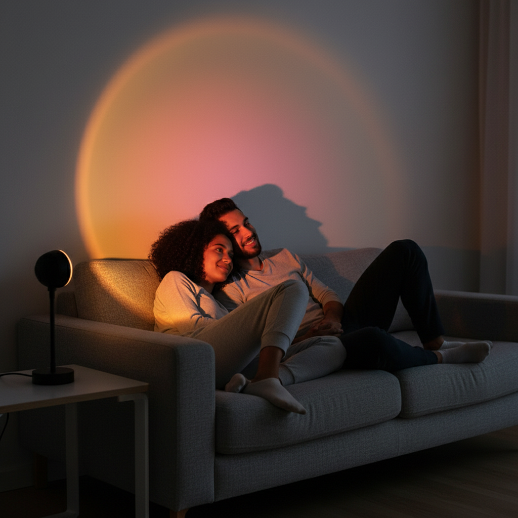 Couple sitting on a couch in a dimly lit room with Melted Sun sunset projector lamp.