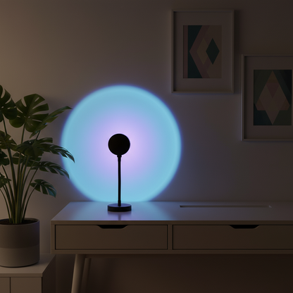 Melted Sun sunset projector, table lamp emitting a blue light on a wooden surface with a plant and framed pictures in the background.