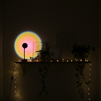 Melted Sun sunset projector, a futuristic lamp with colorful light on a dark background