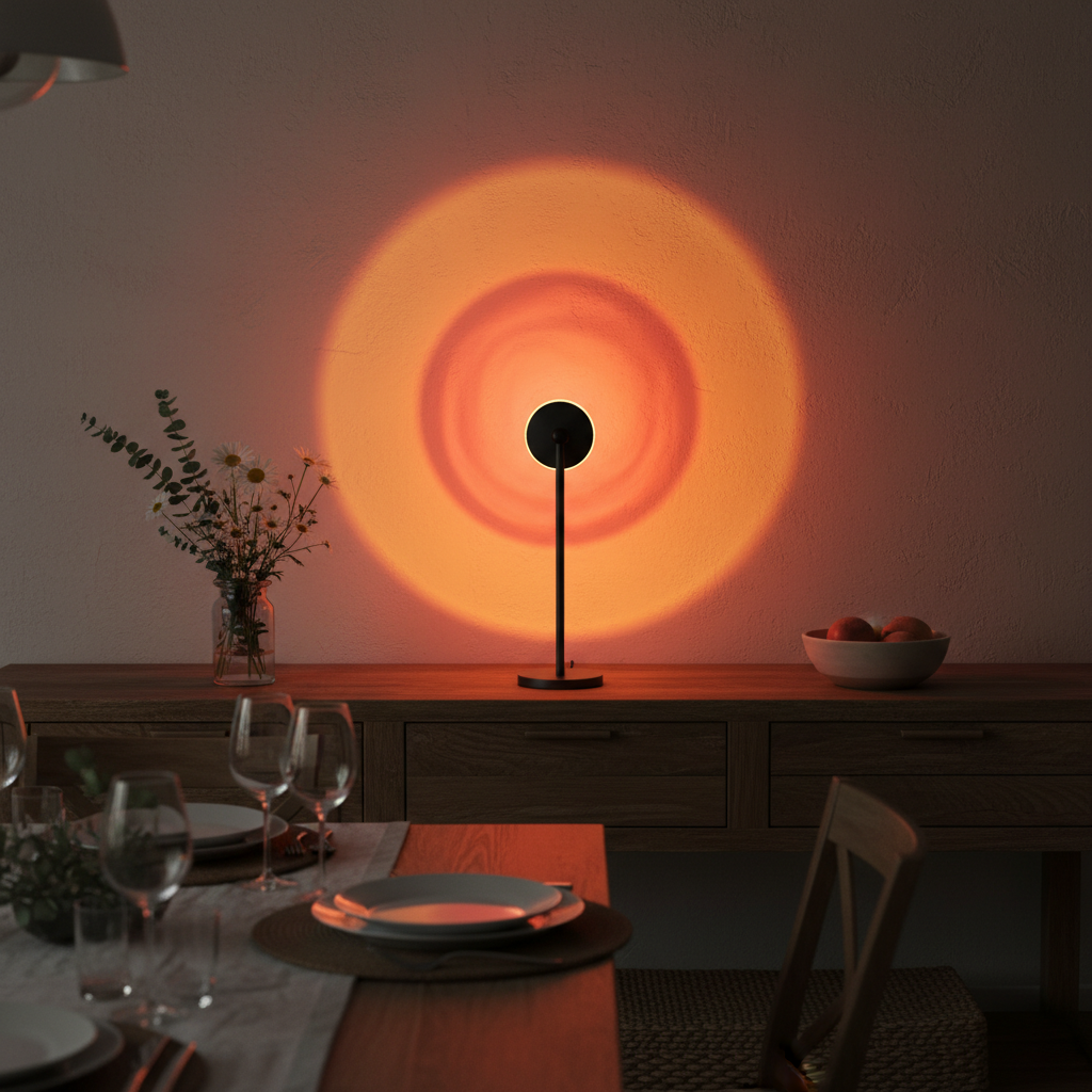 Dining table setting with Melted Sun sunset projector, a lamp casting a warm glow on the wall.