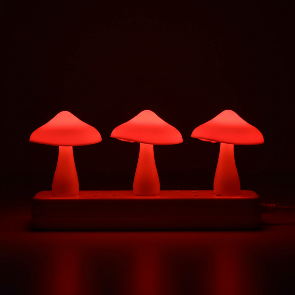 LumiShroom Mushroom-shaped night light  lamps emitting a red glow in a dark setting