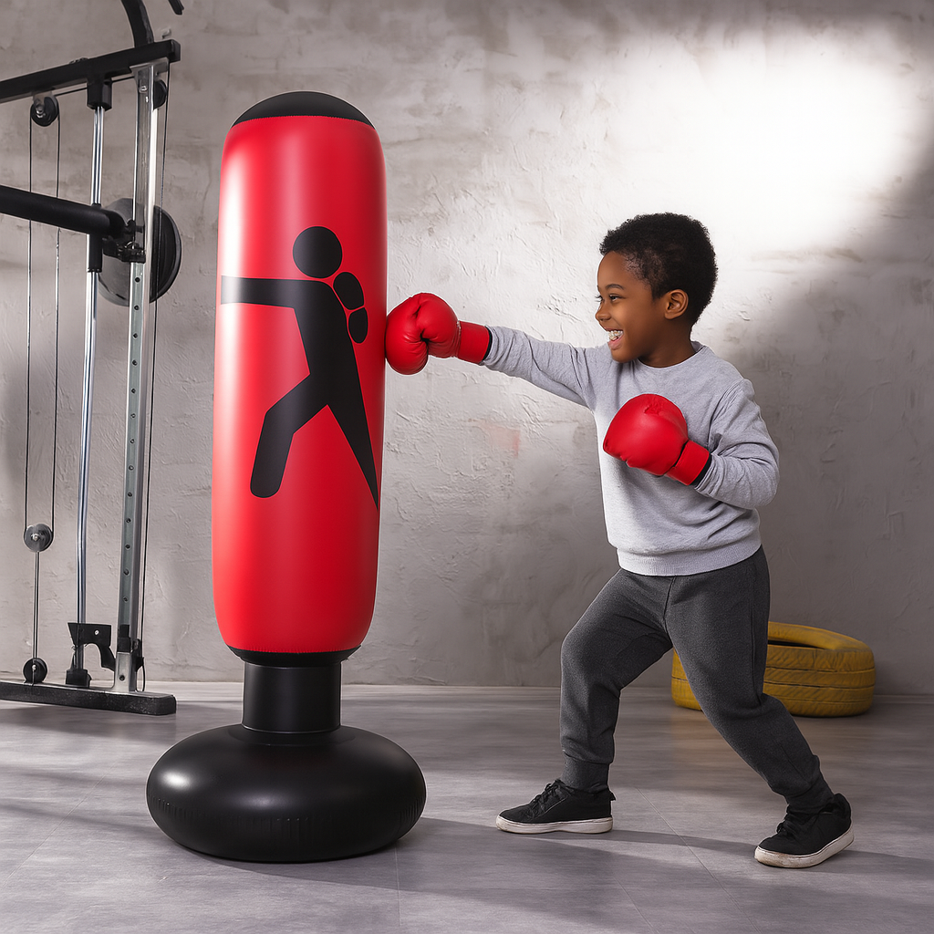 Child wearing red boxing gloves hitting a red punching bag with a black silhouette of a boxer on a gray background.