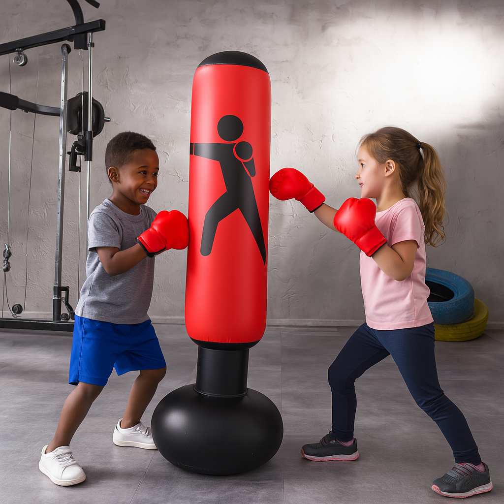 Two children practicing boxing with a red and black punching bag in a gym setting.