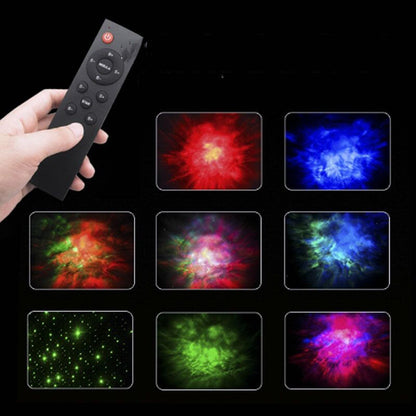 SpaceBuddy Astronaut Galaxy Projector, hand holding a remote control with colorful nebula images displayed on screens.