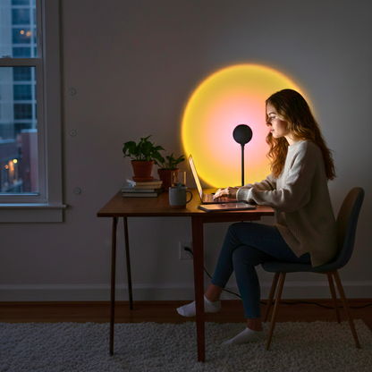 Woman sitting at a desk with Melted Sun sunset projector lamp in a dimly lit room.