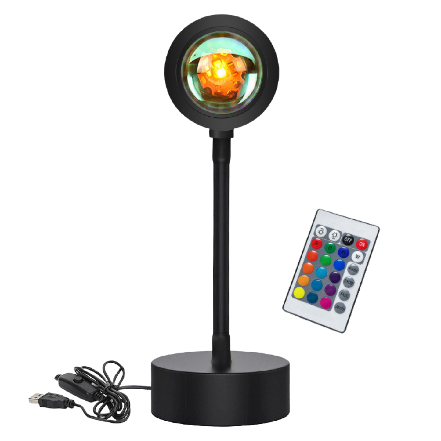 Black adjustable Melted Sun sunset projector lamp with colorful remote control on a white background