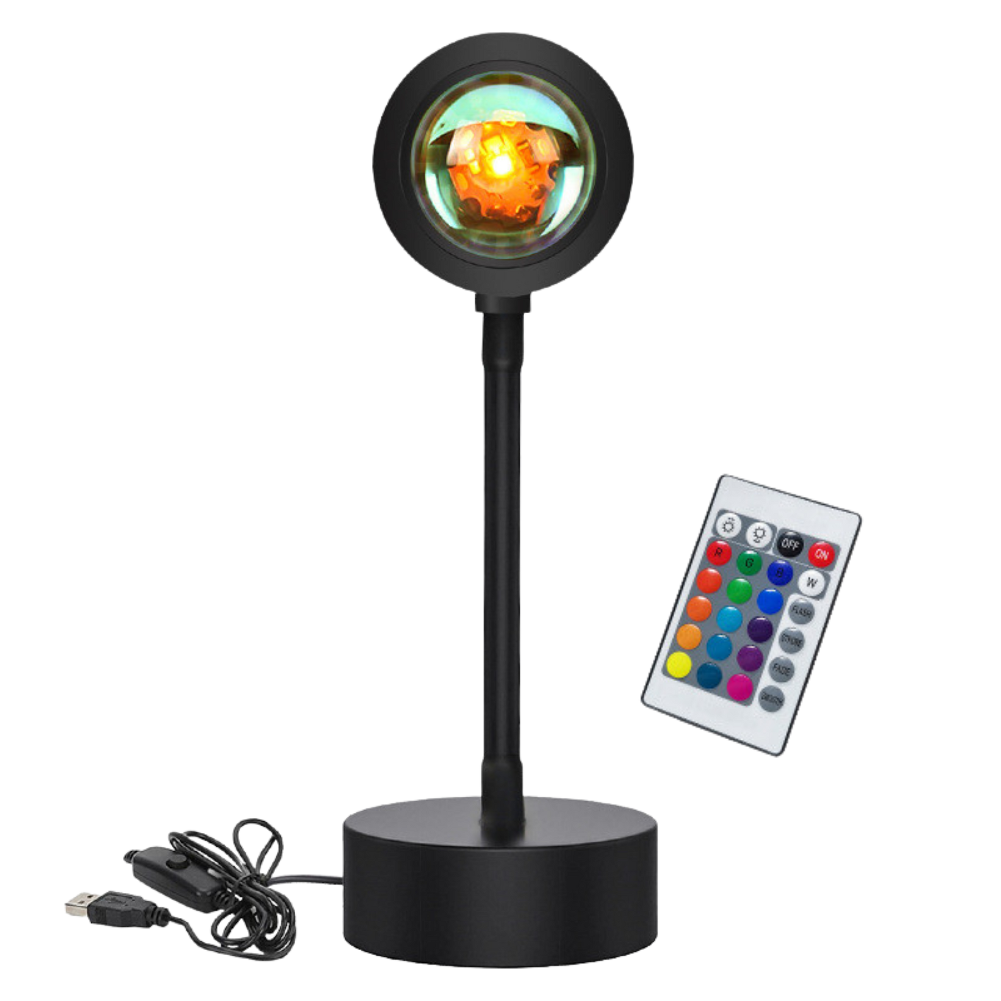 Black adjustable Melted Sun sunset projector lamp with colorful remote control on a white background
