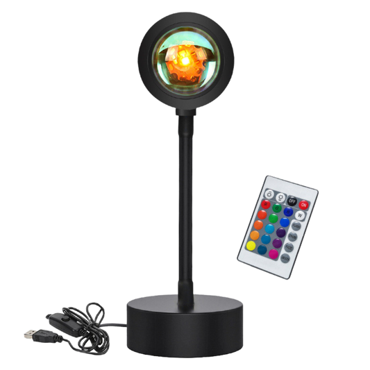 Black adjustable Melted Sun sunset projector lamp with colorful remote control on a white background