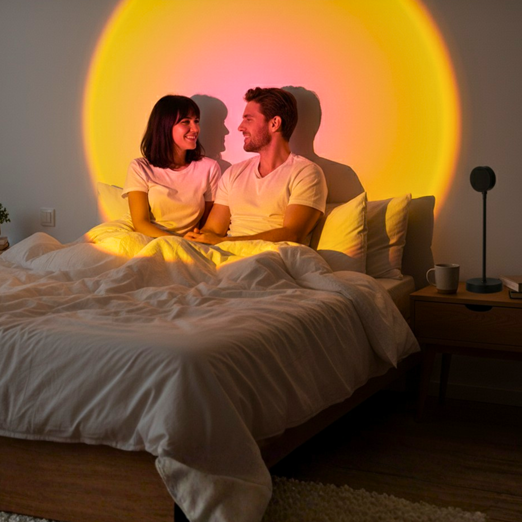 Two people sitting on a bed with Melted Sun sunset projector lamp, a warm glow behind them