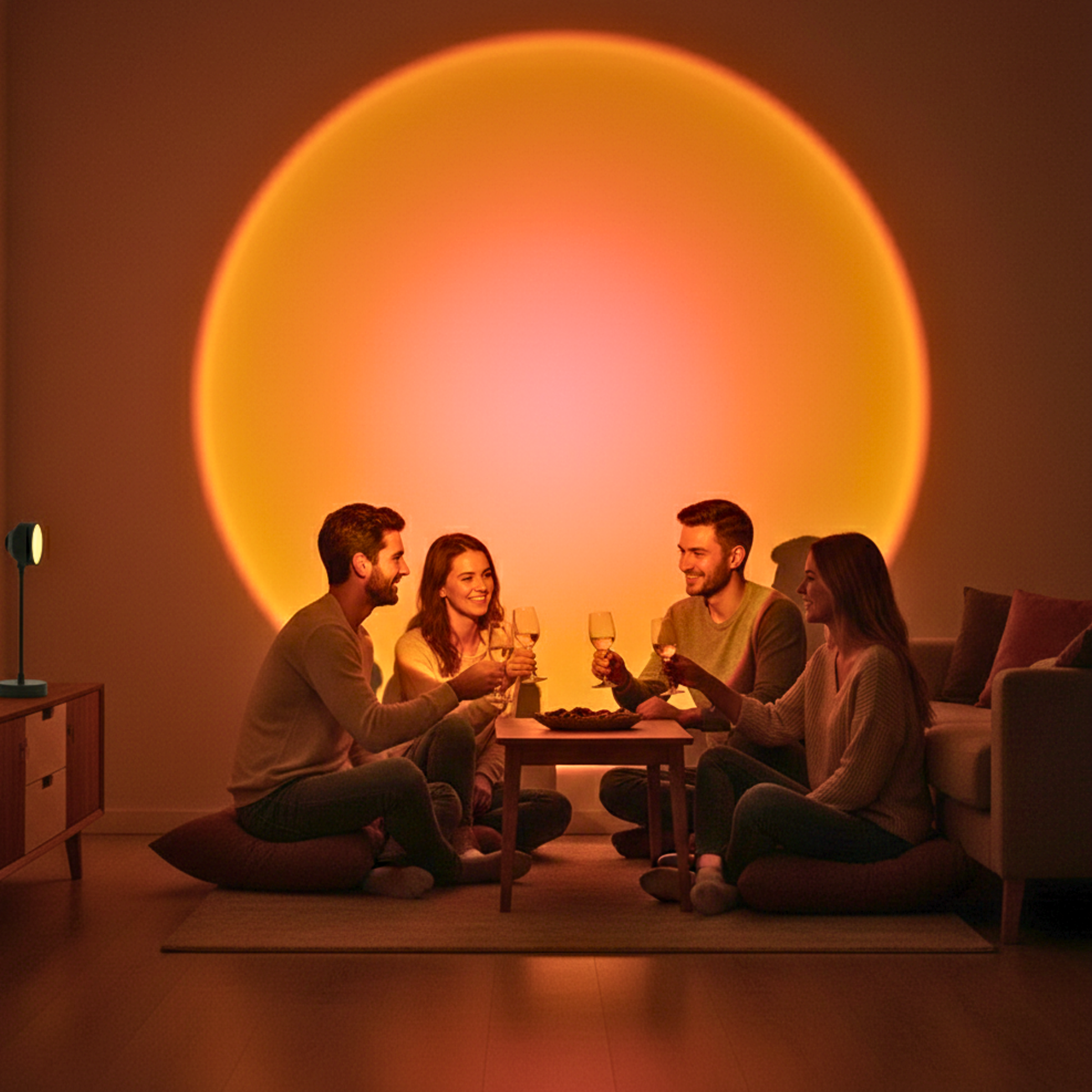 Four people sitting on the floor in a room with Melted Sun sunset projector, a large circular light projection on the wall.