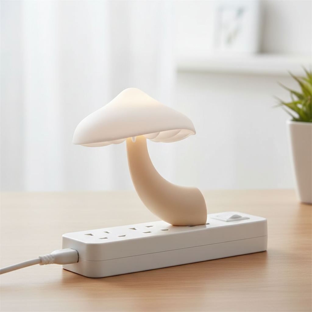LumiShroom Mushroom-shaped night light lamp on a power strip with a blurred background