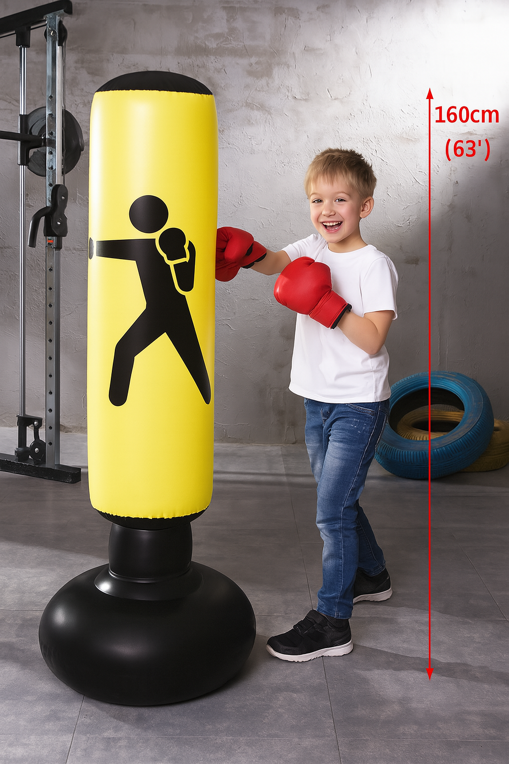 Child wearing boxing gloves standing next to a yellow punching bag with a black stick figure, with a measurement label indicating the height of the punching bag.